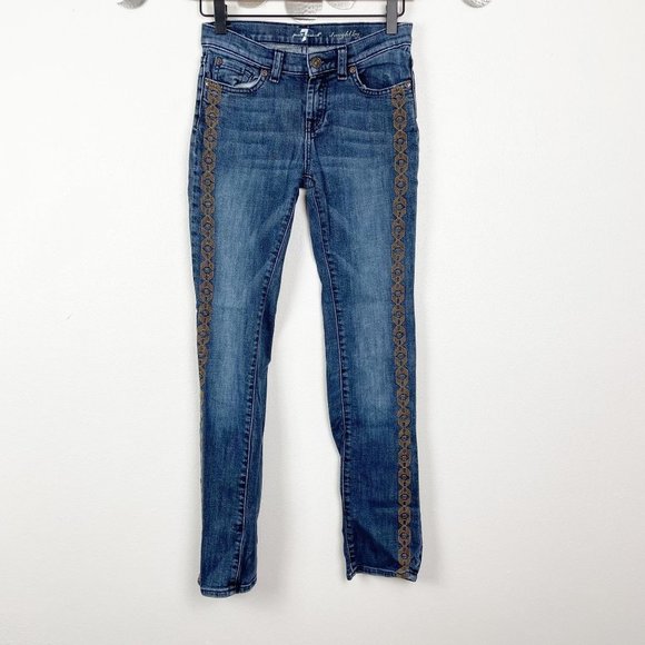 7 For‎ All Mankind Mid Rise Embroidered Skinny Jeans Medium Wash Girls Bohemian - Picture 1 of 8